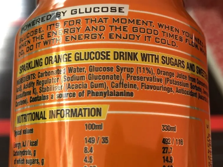 Ingredients in Lucozade Energy drink at the back of the can