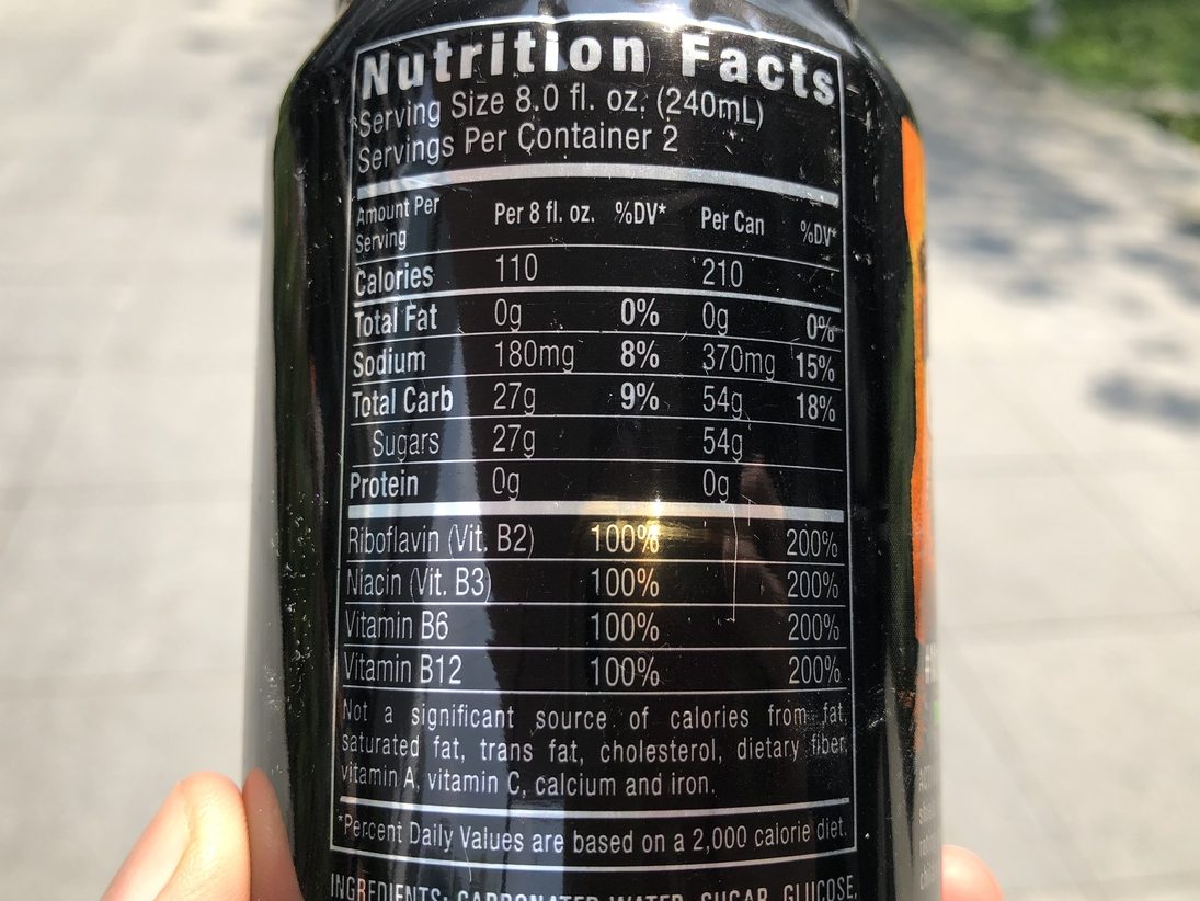 Nutrition facts label printed on the side of Monster energy drink.