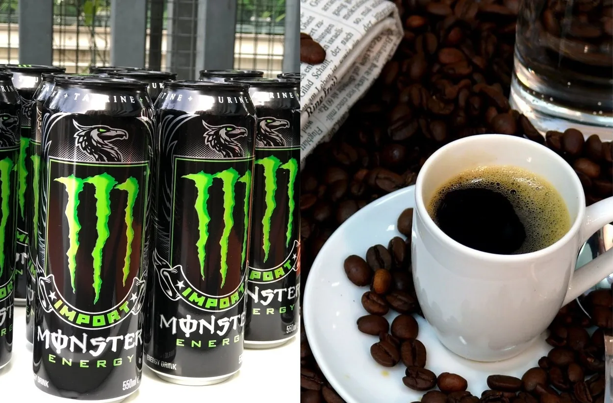 Picture of Monster and coffee side-by-side. 