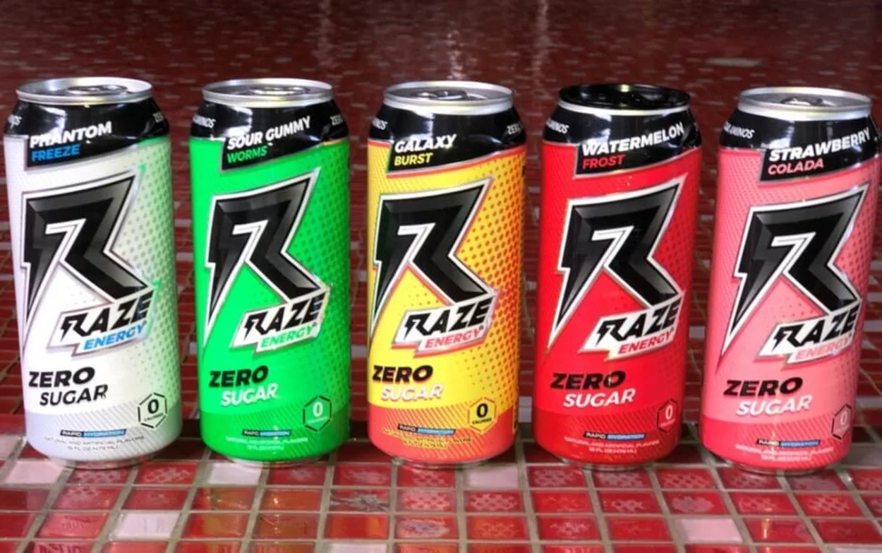 Cans of Raze Energy Drinks in a row. 