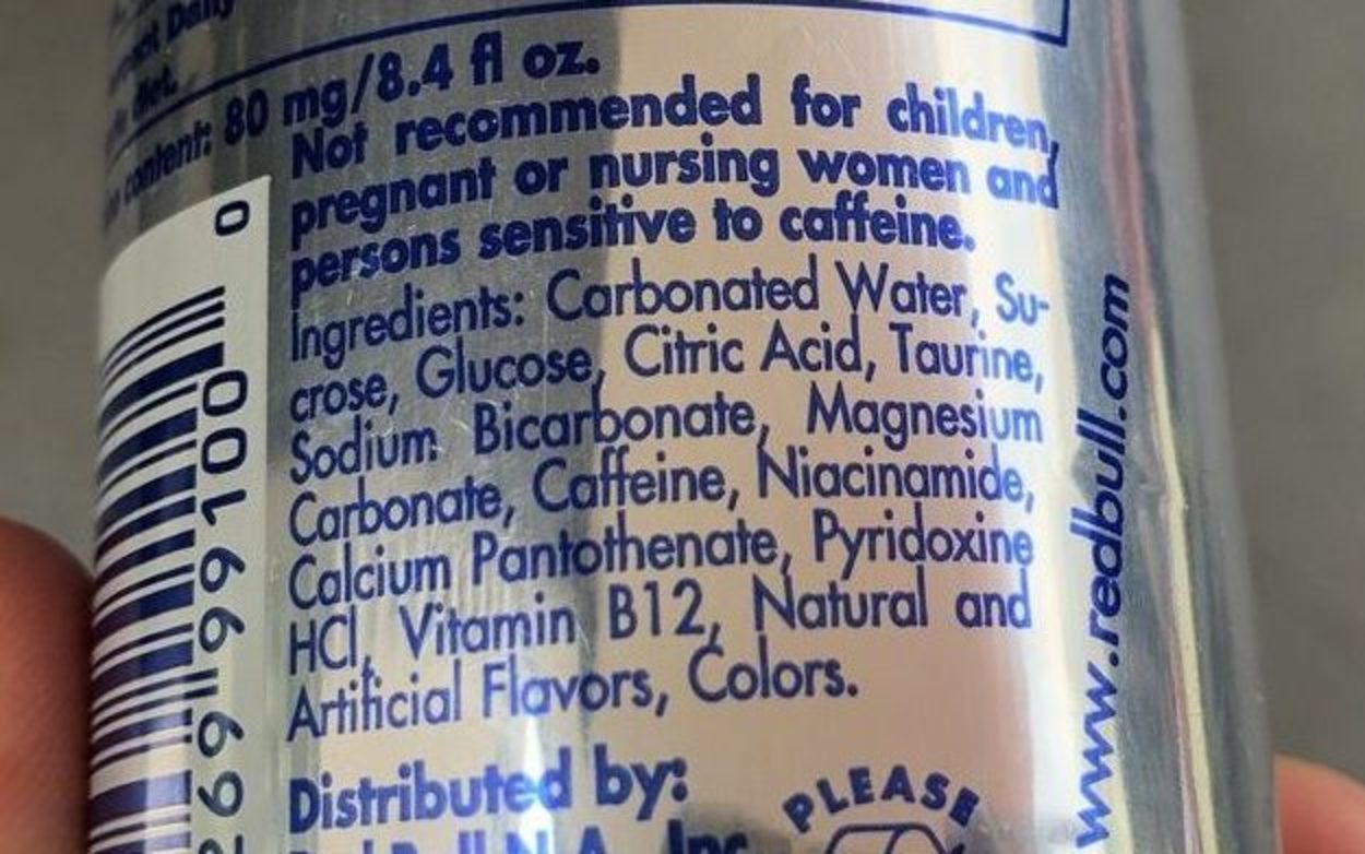 Ingredients label in Red Bull Energy Drink.
