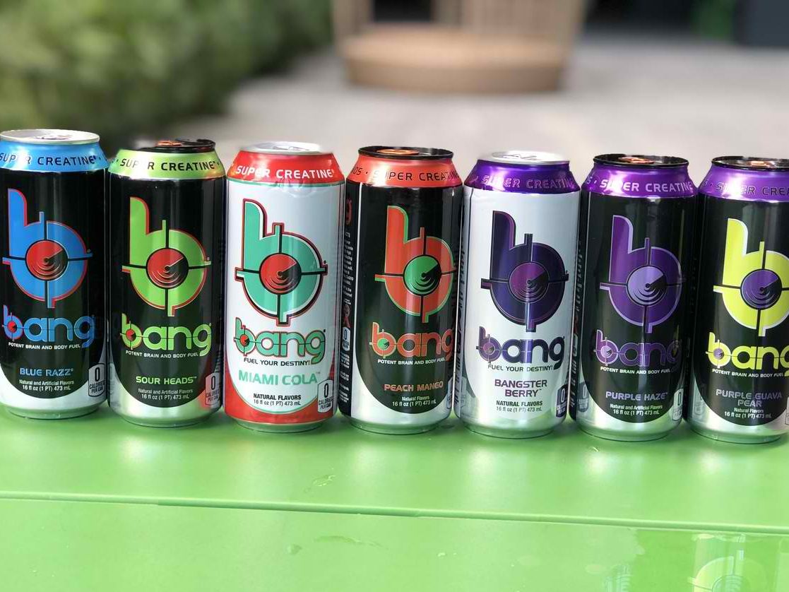 A row of Bang energy drink. 