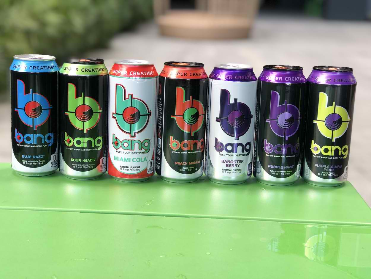 A row of Bang Energy Drinks.
