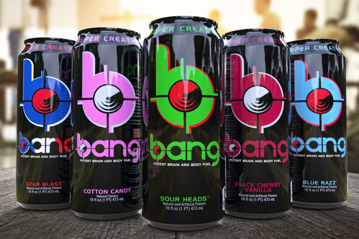 A row of Bang Energy Drink.