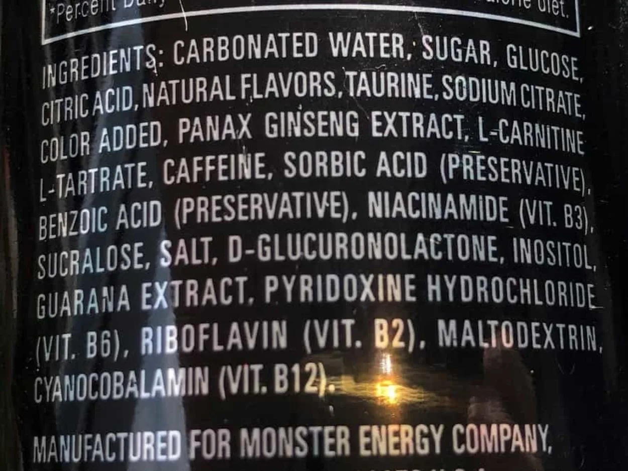 List of ingredient of Monster Energy Drinking printed on the side of the can.