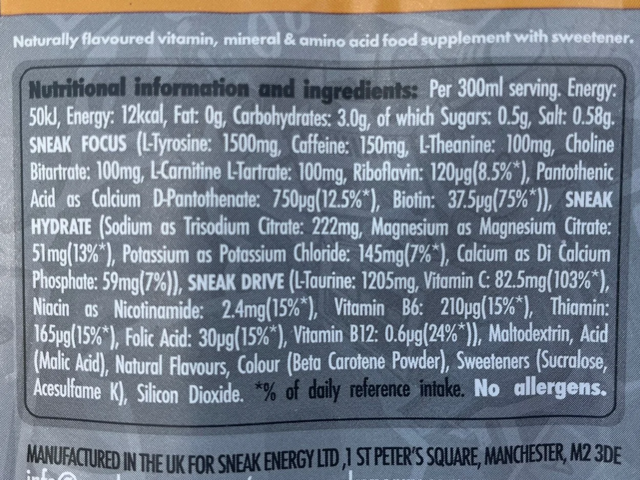 Sneak Energy Drink Ingredients at the back of the sachet