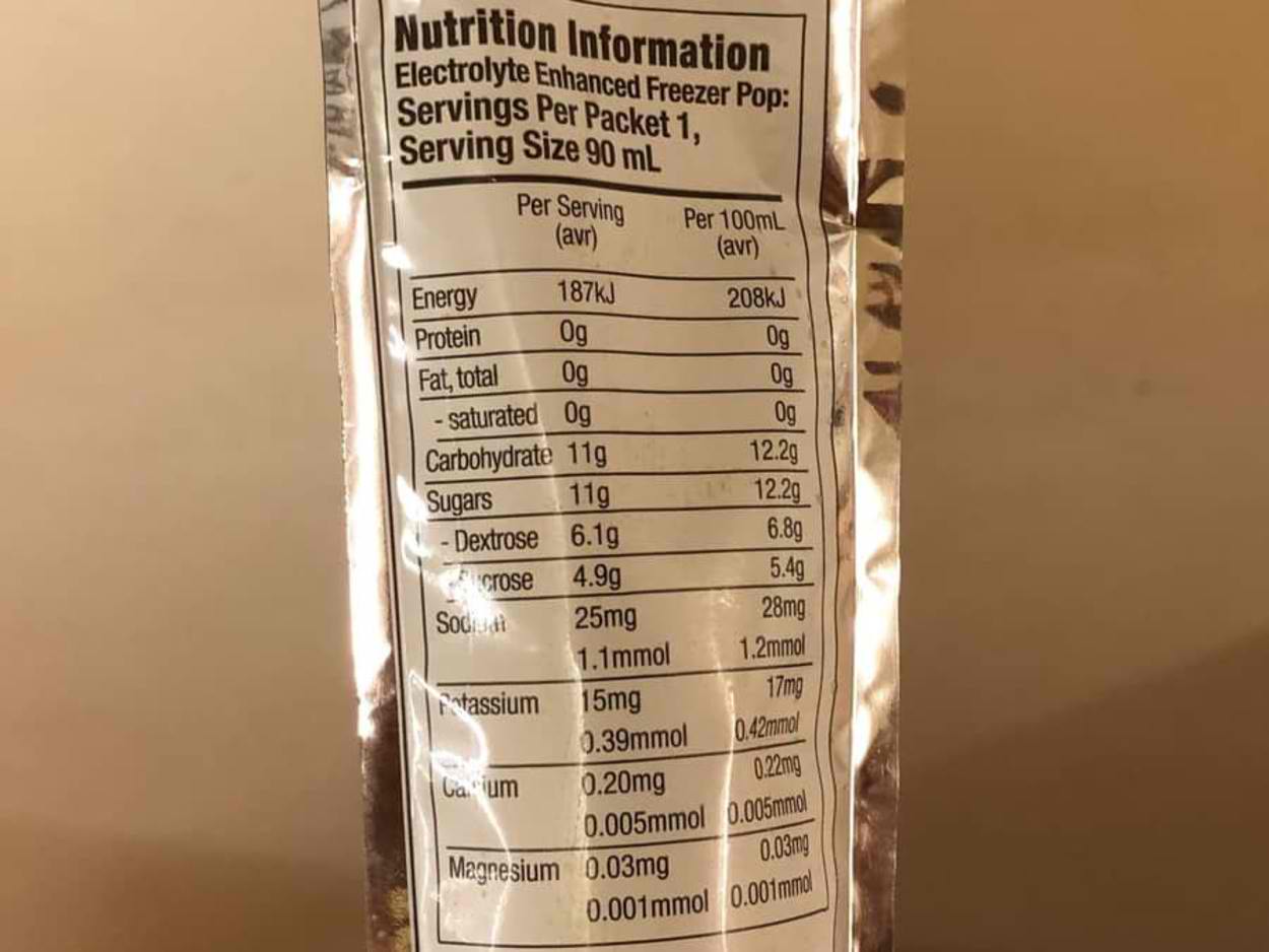 The nutritional Information behind a packet of Sqwincher