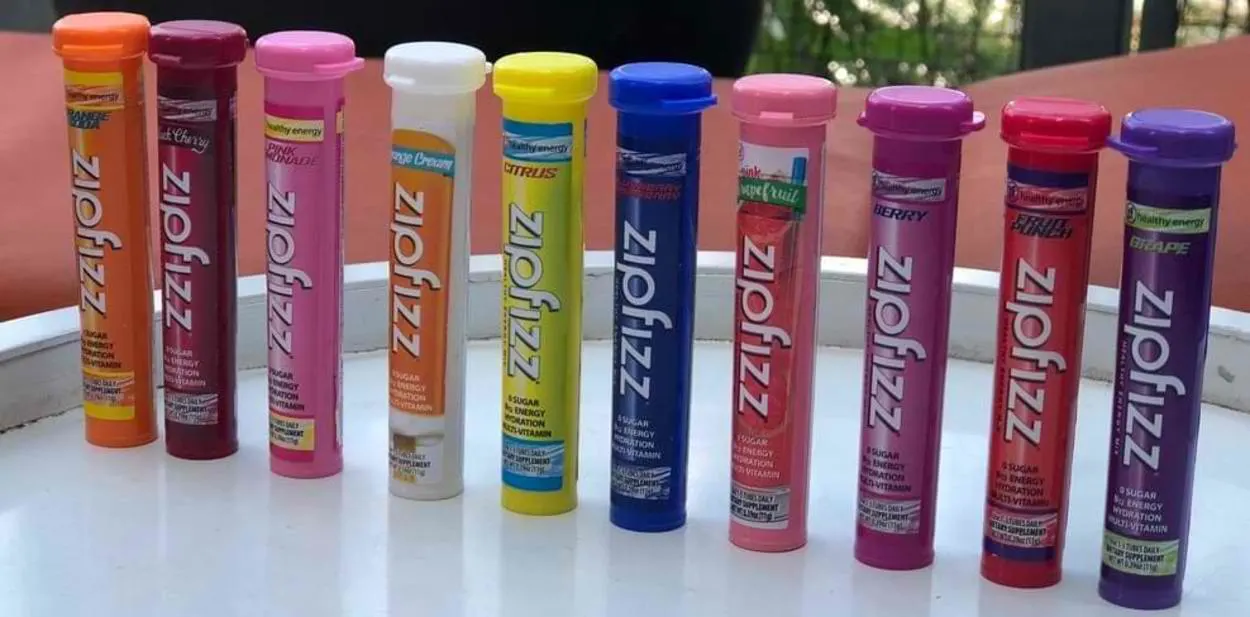 A row of Zipfizz bottles. 