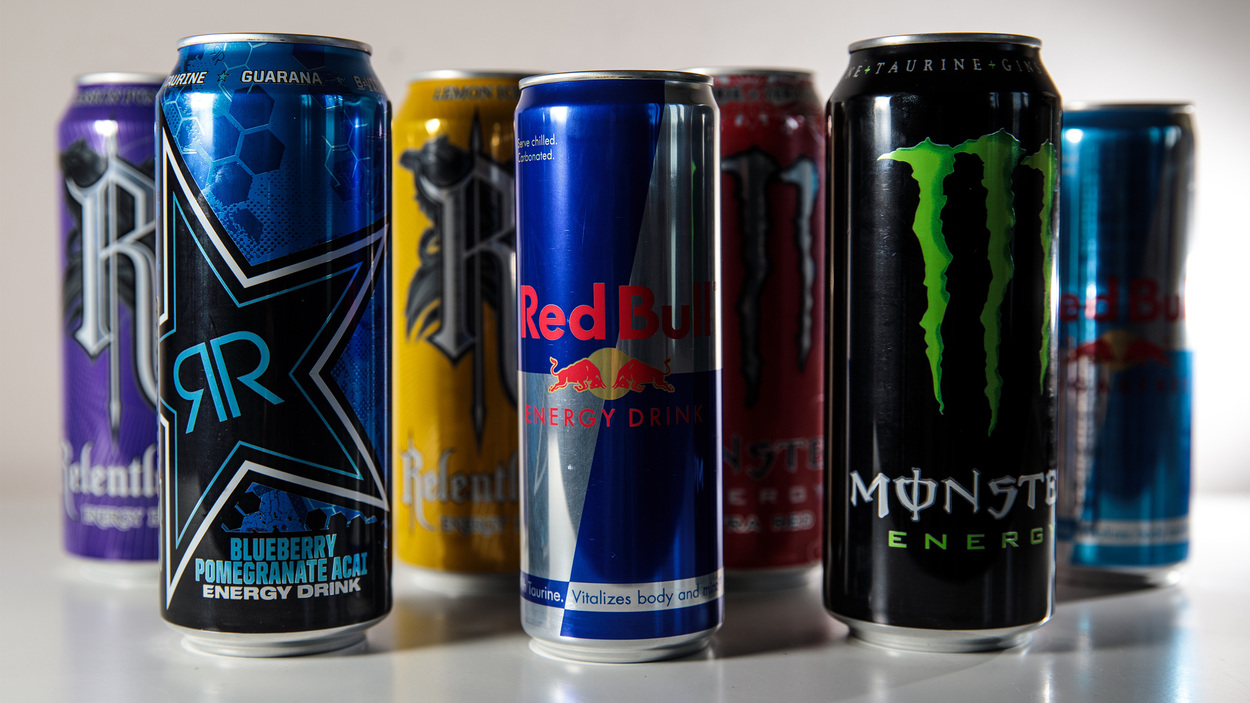Several cans of several brands of energy drink