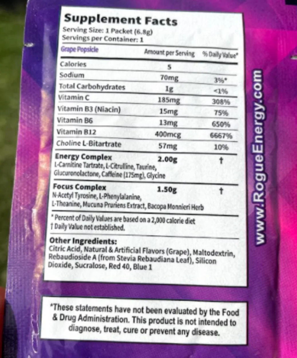 Supplement facts at the back of a Rogue Energy sachet.