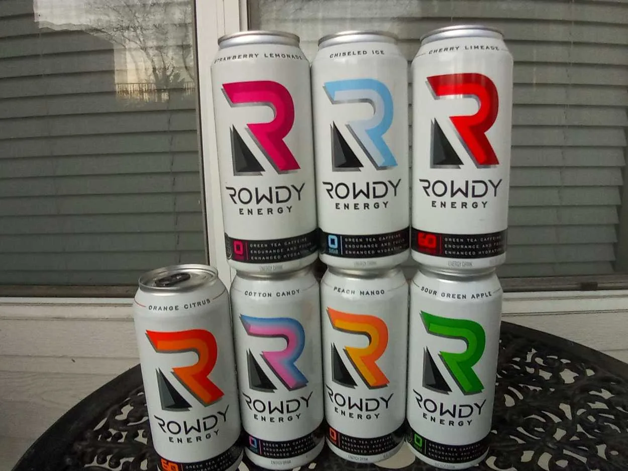A tower of Rowdy Energy Drinks of different flavors.