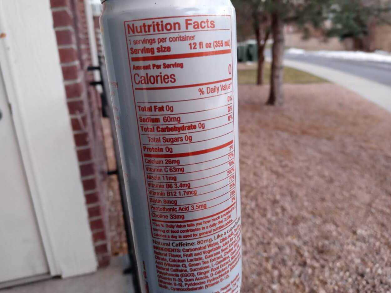 At the back of Aspire Energy drink, showing its nutrition facts. 
