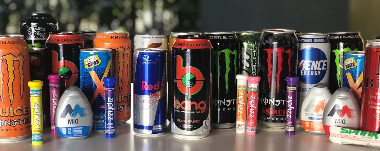 Assorted in can energy drinks in one picture. 