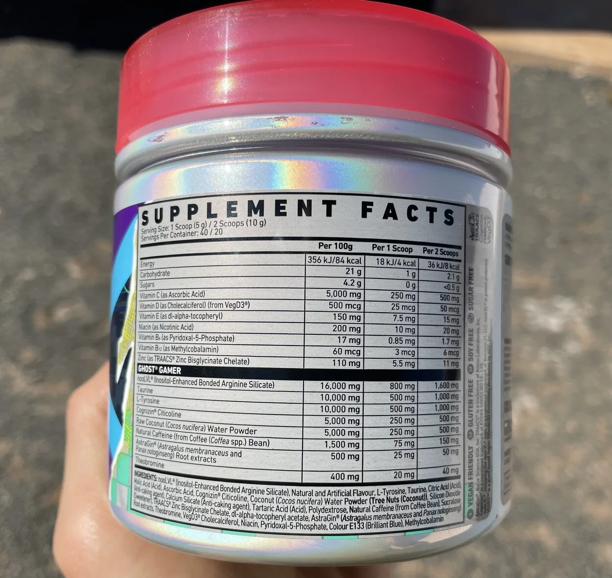 The supplement fact label of Ghost Gamer energy drink printed in the side of its tub.