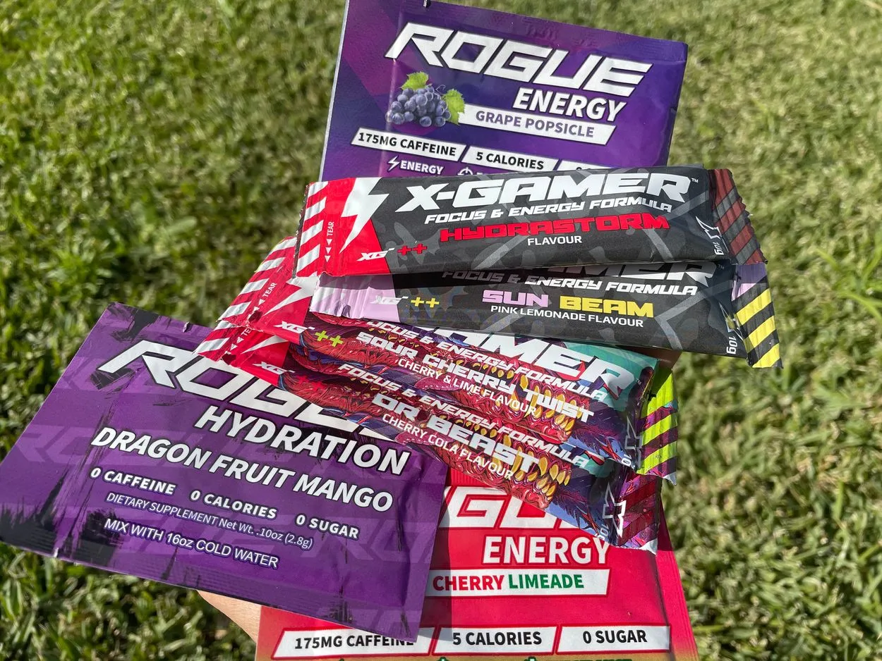 Pictute of X-Gamer energy drink sachets with Rogue Energy