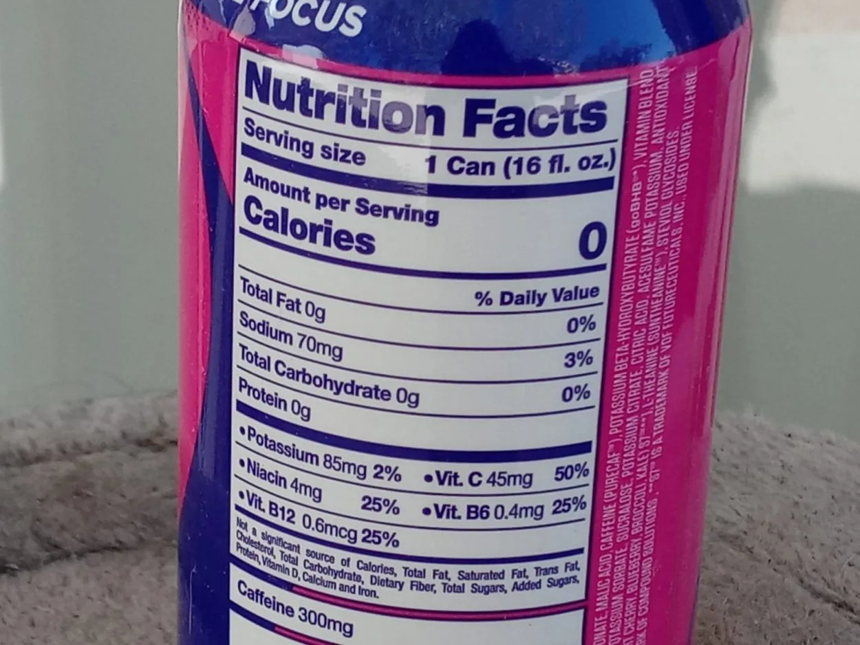 Nutrition facts of GFuel energy drinks printed on the side of the can.