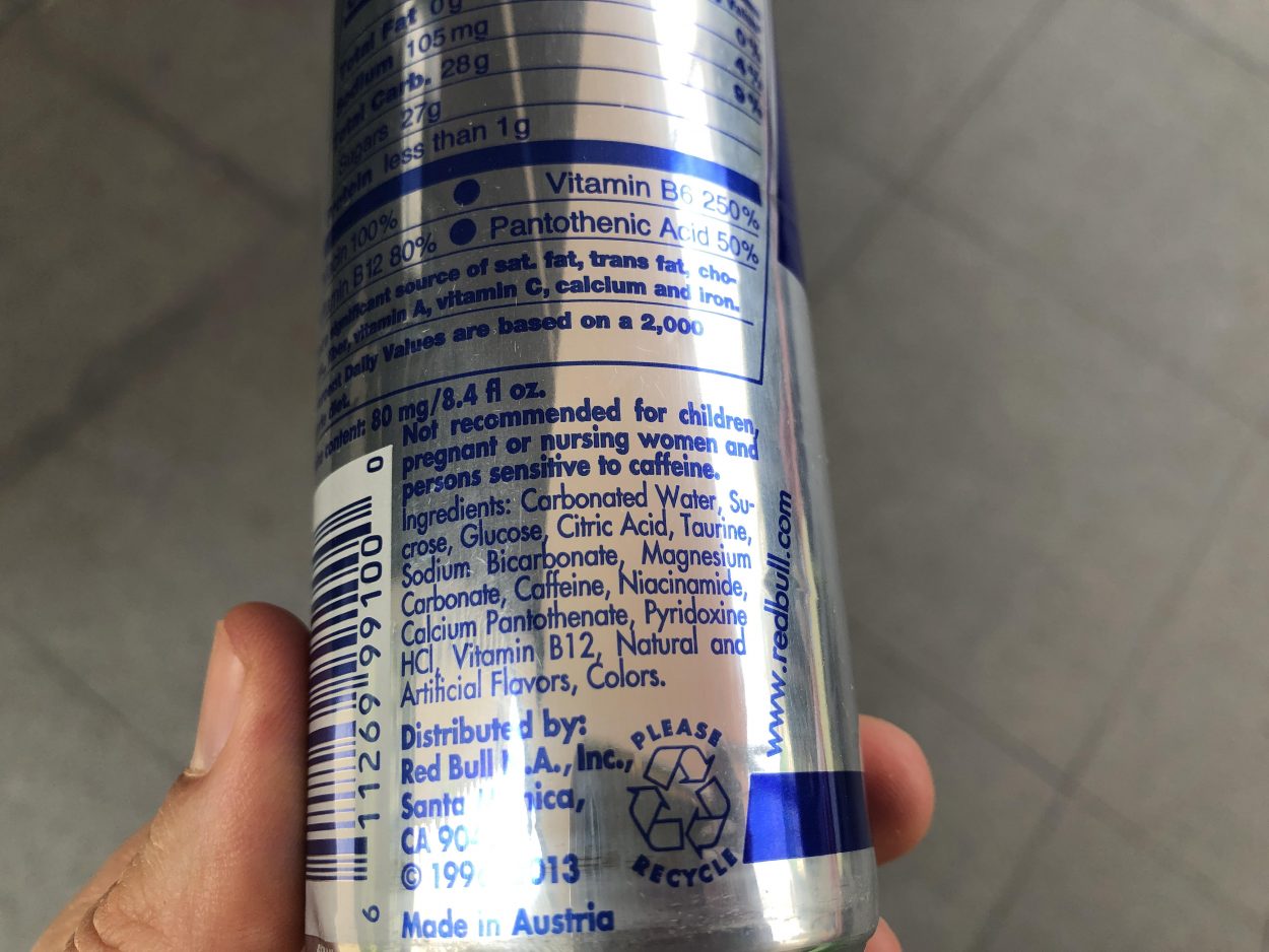 Red Bull energy drinks ingredient printed on the side of a can