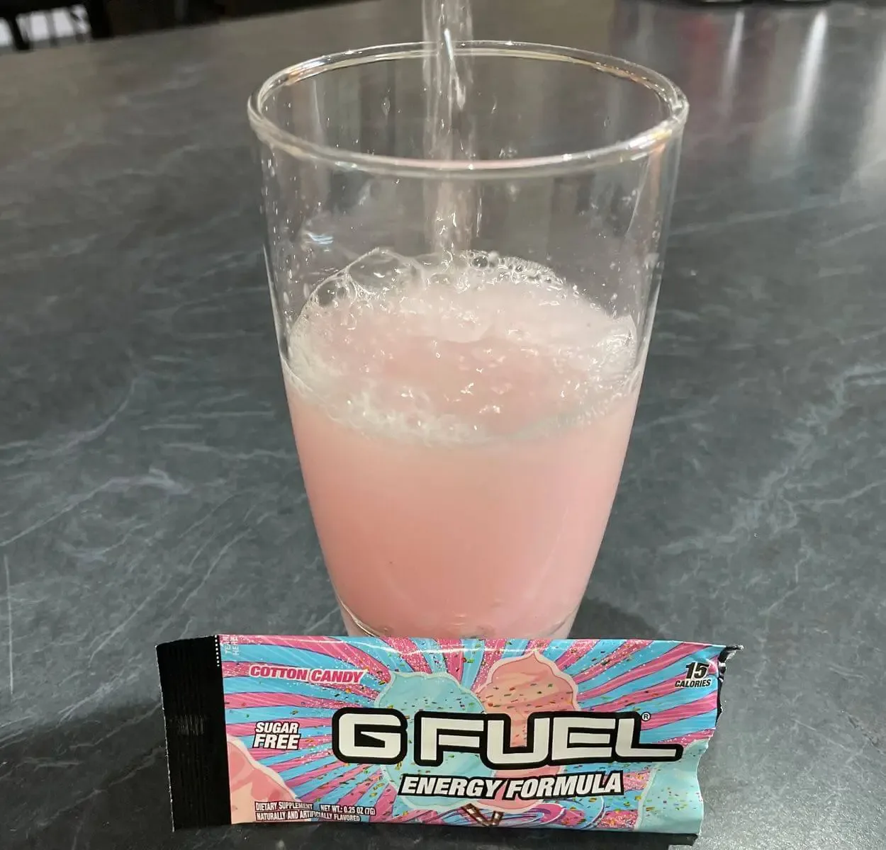 Cotton Candy G Fuel flavor mixed in a glass