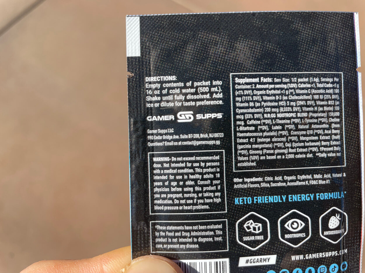 Label at the back of a GG energy drink packet.