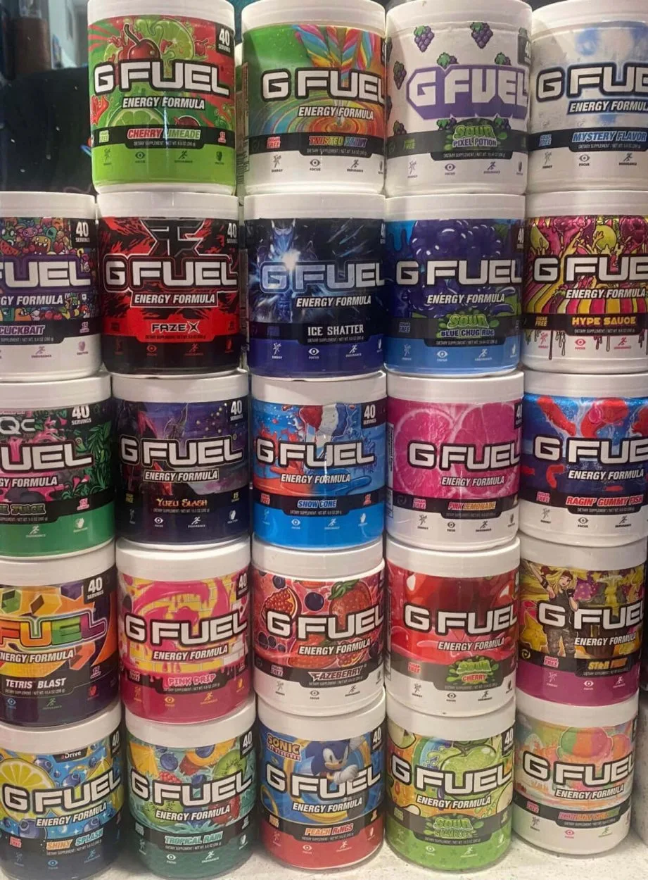 A lot of different flavors of G Fuel tubs