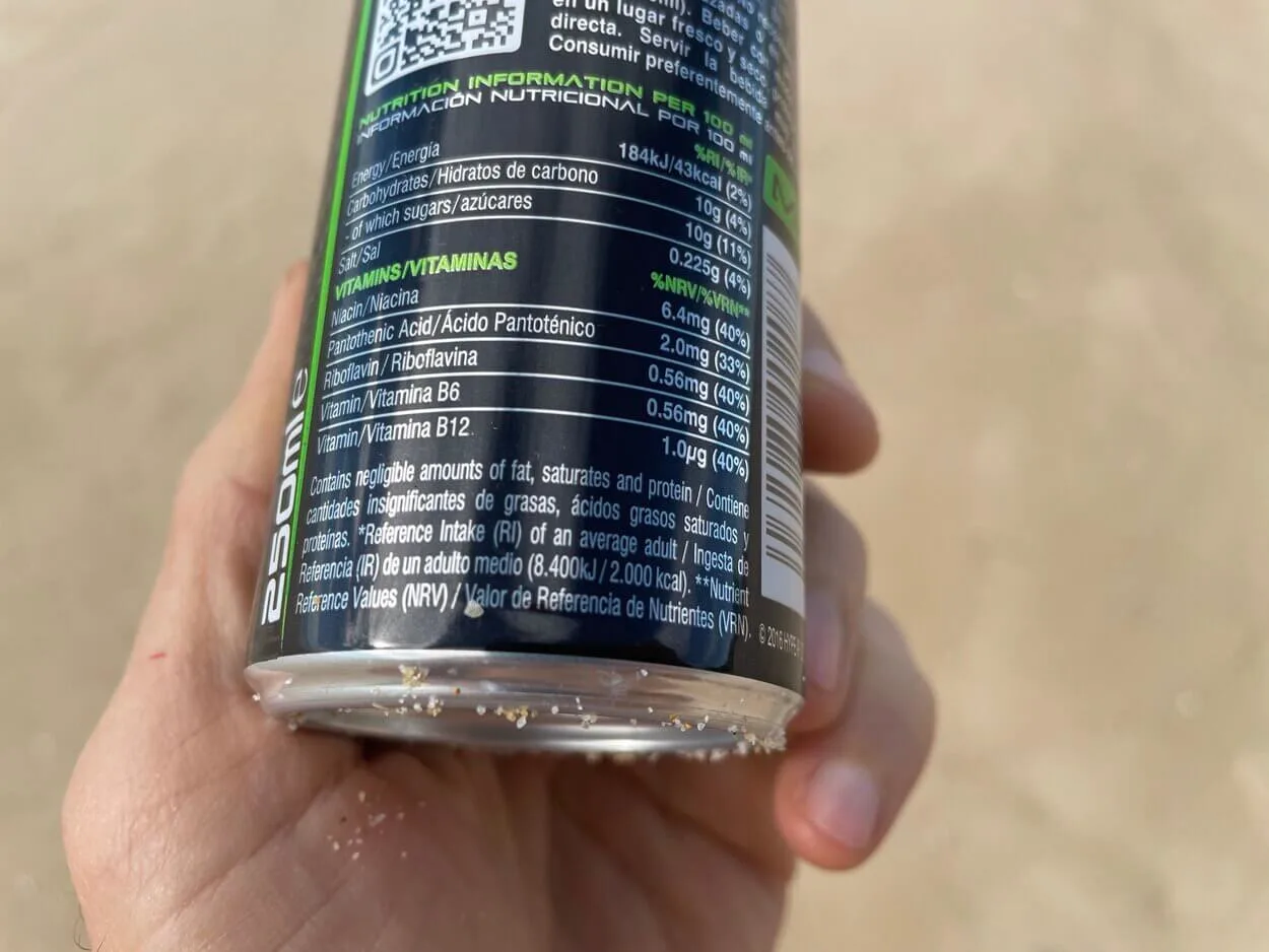 Nutrition information and vitamins list label at the back of a Hype Energy Drink can.