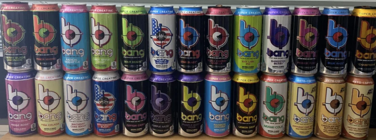 Variety of Bang energy drinks on display.