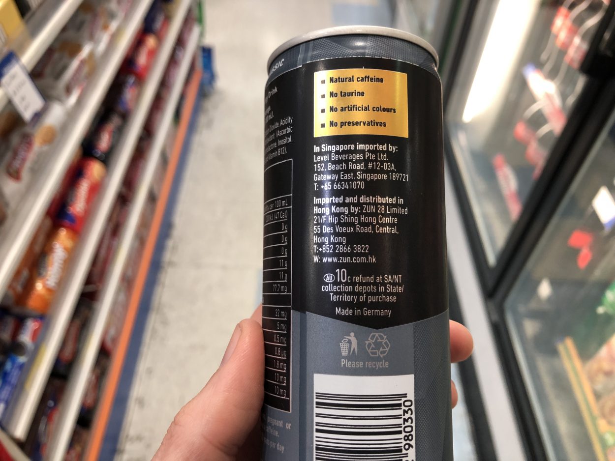 Additional information about 28 black energy printed on the side of its can.