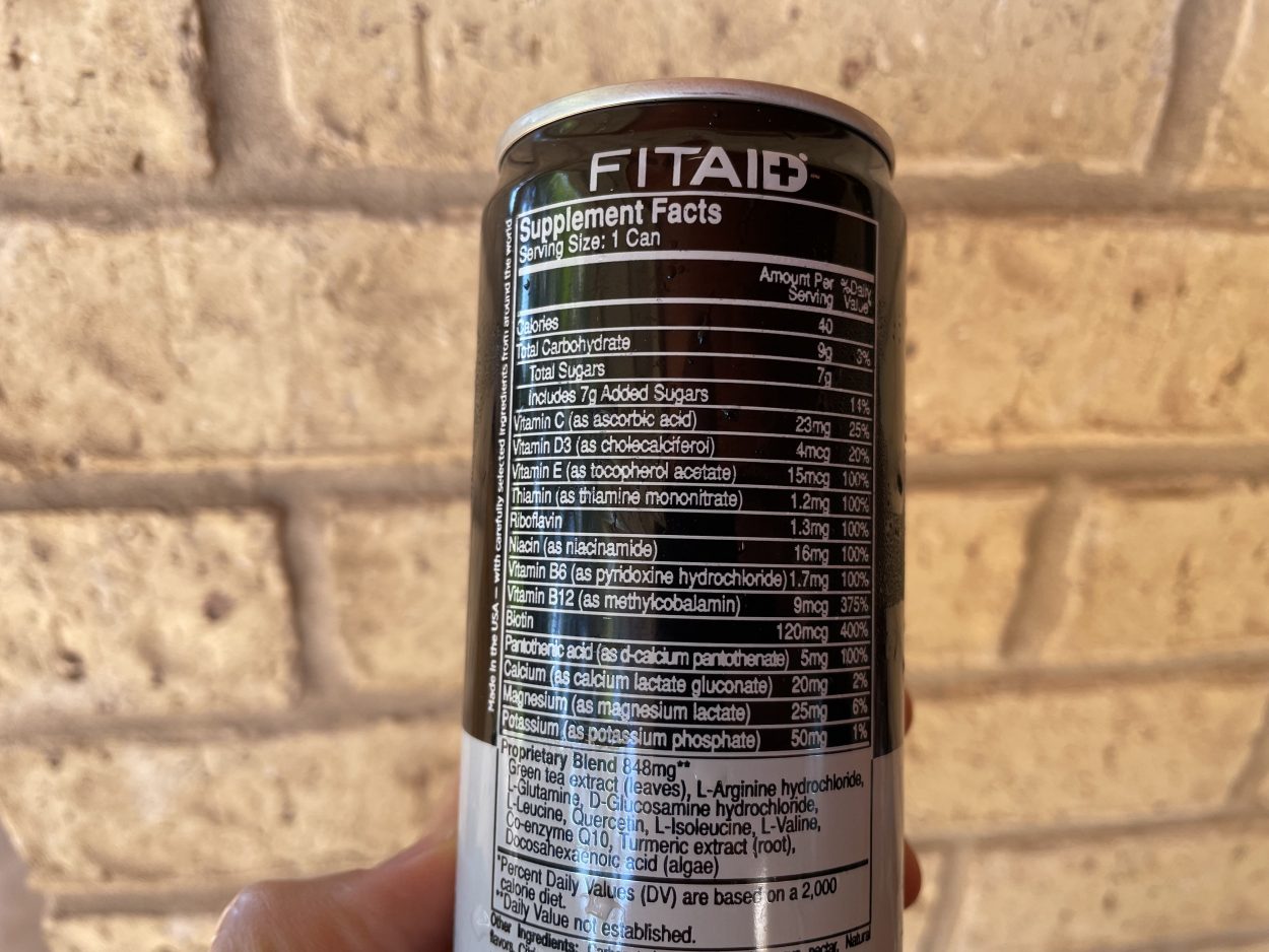 Supplement facts of FITAID printed on the side of its can