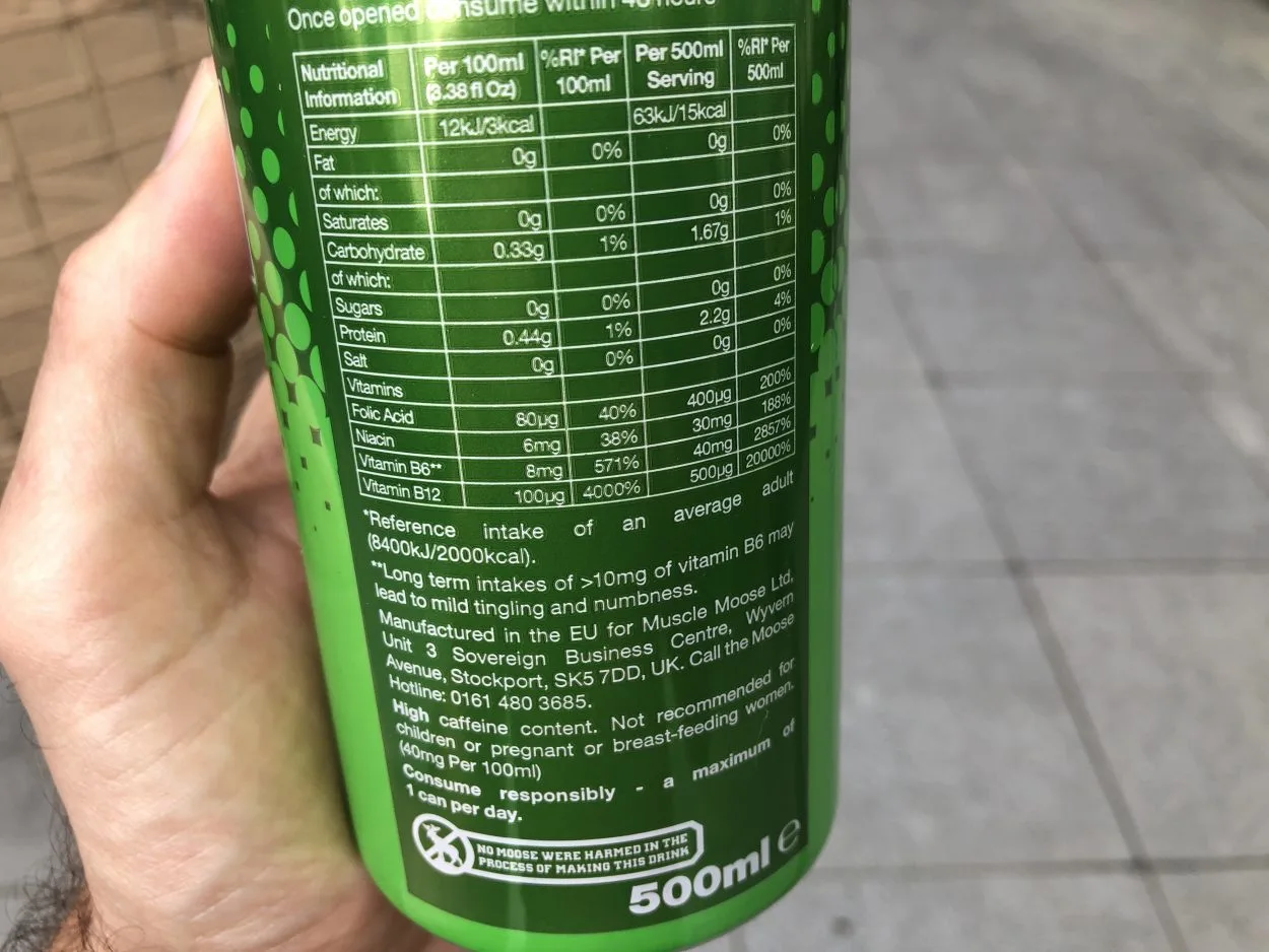 Nutrient contents label at the back of a Moose Juice energy drink can