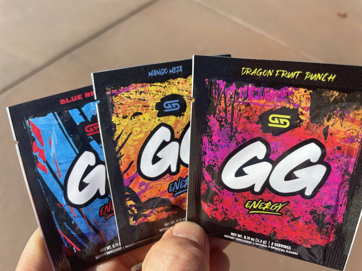 Three sachets of Gamer Supps. Blue Razz, Mango Meta, and Dragon Fruit Punch.