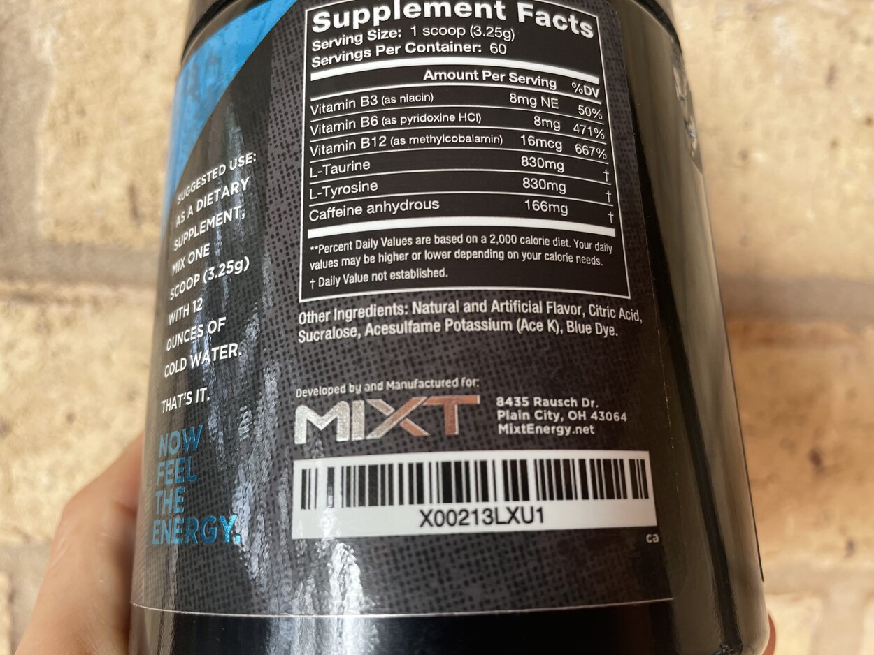 Tub of MIXT energy showing its nutritional informations.