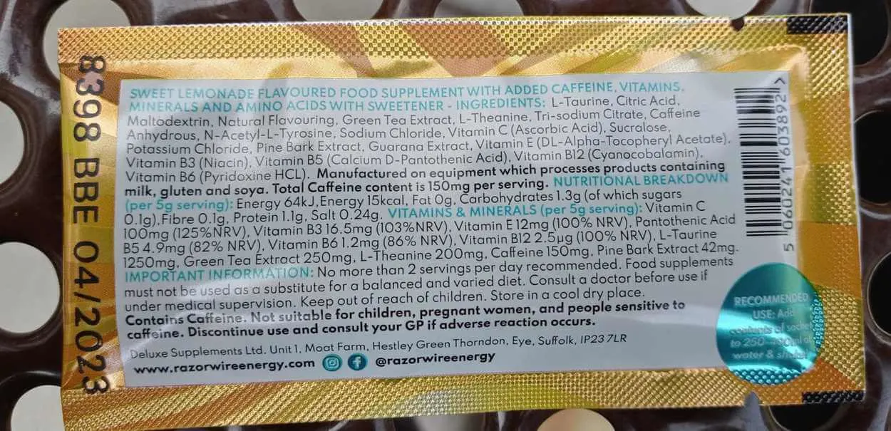 The back part of a Razorwire Energy Drink sachet. It shows a list of ingredients, nutritional breakdown, and some imporatnt information.