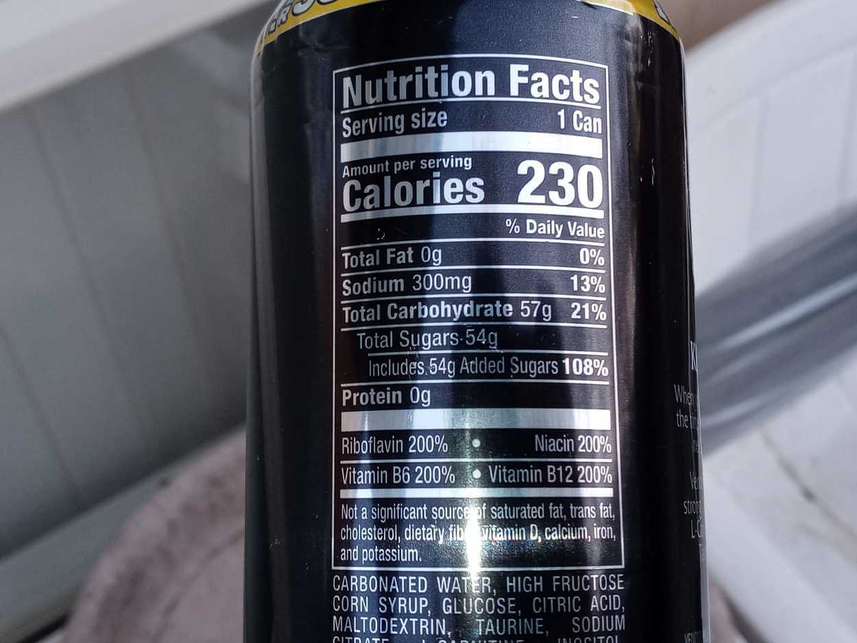 Nutrition facts label at the back of a can of Venom energy drinks.