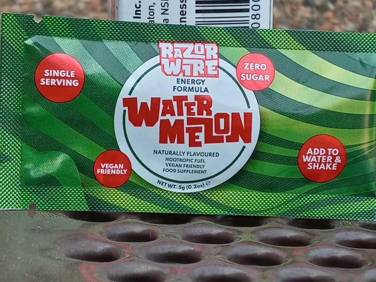 A sachet of Razorwire energy drink Watermelon flavor.