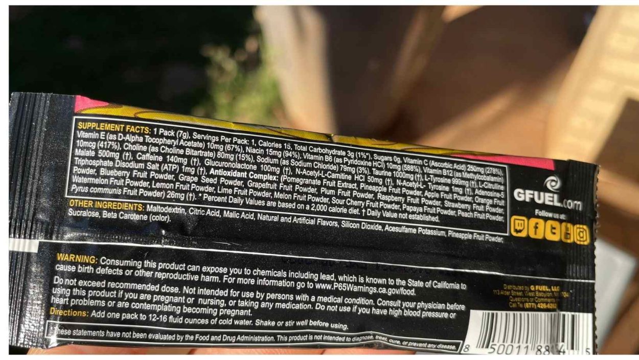 The back label of a G Fuel packet.