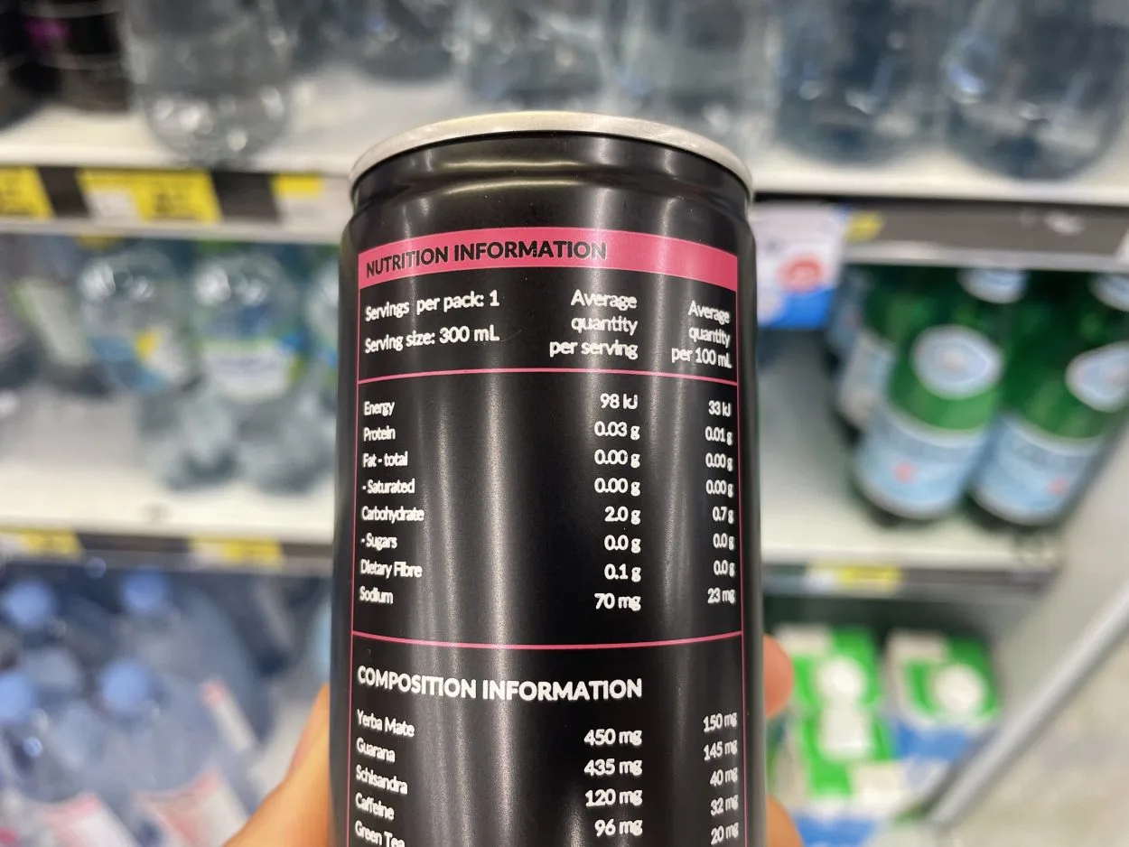 Kanguru Energy Drink back label showing the drink's nutrition information