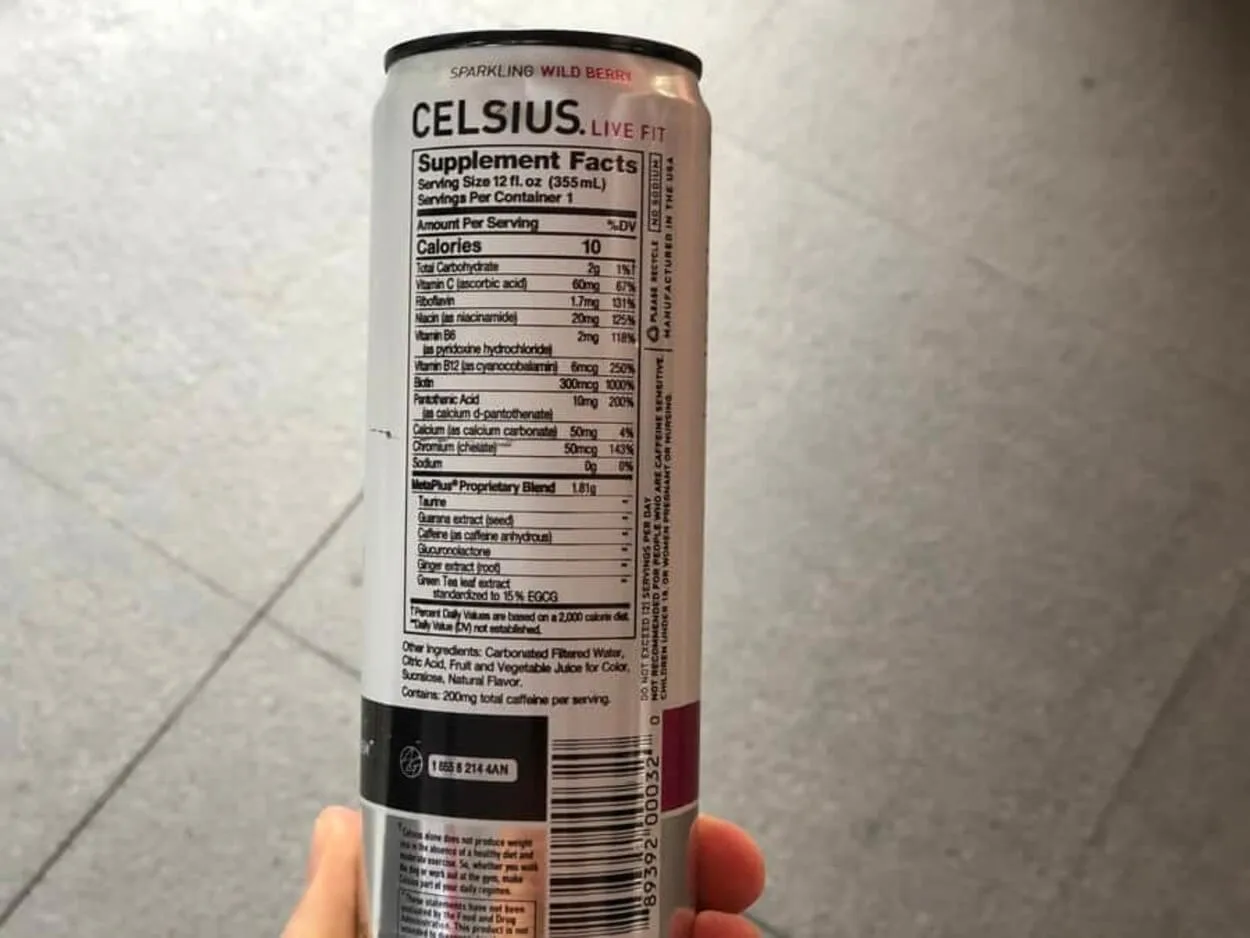 Nutritional label of Celsius energy drink.