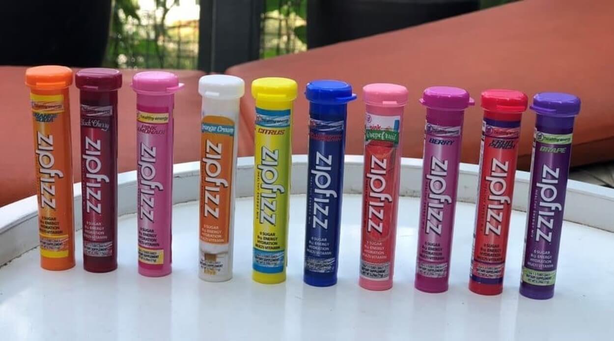 Ten tubes of different Zipfizz flavors.
