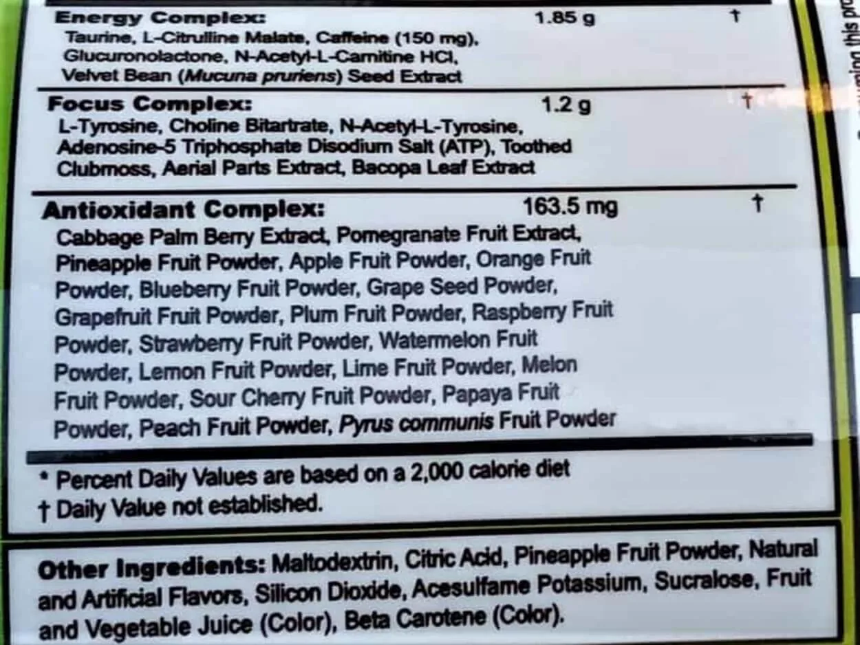 The list of ingredients found on the side of a G Fuel Energy drink tub.