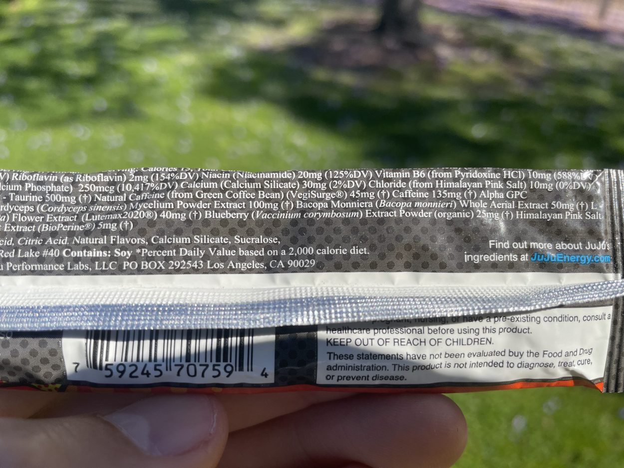 The back label of a single stick of Juju Energy Drink