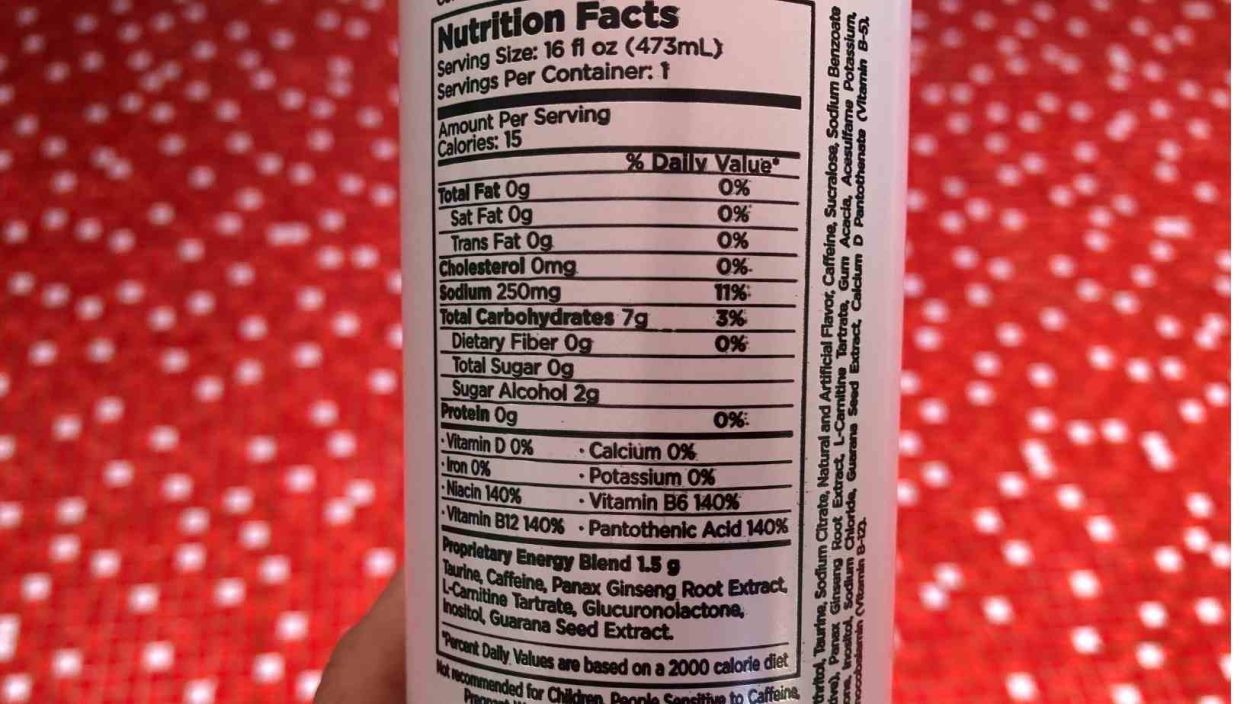 The nutrition fact label at the back of the can of 3D Energy Drink.