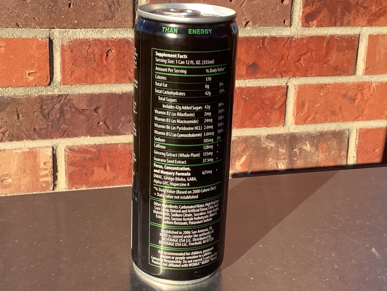 the supplement facts label and other important information at the back of a can of Nerd Focus