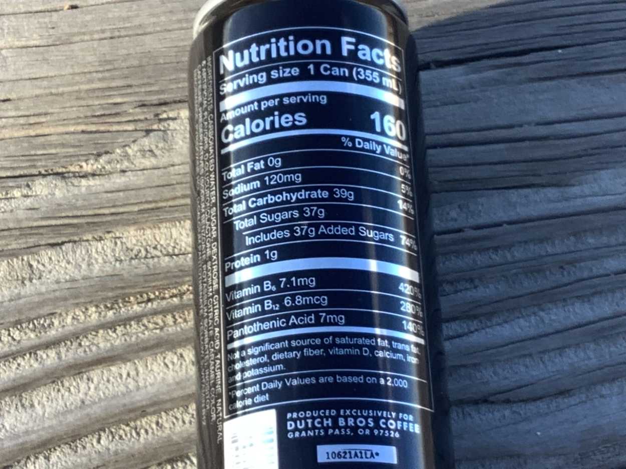 Blue Rebel Nutrition Facts at the back of the can. 