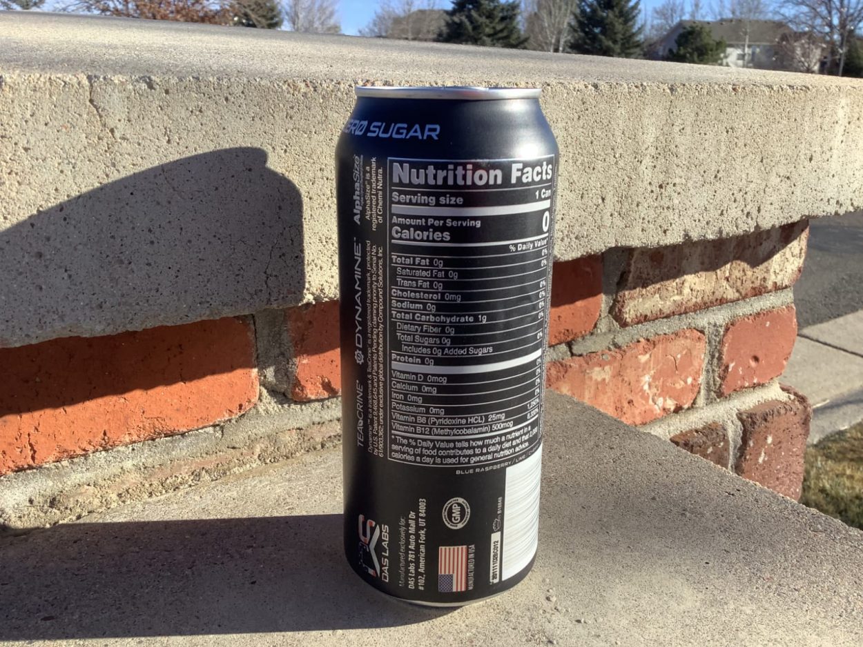 A can of Bucked Up Energy showing the back label, nutrition facts, and other important information.