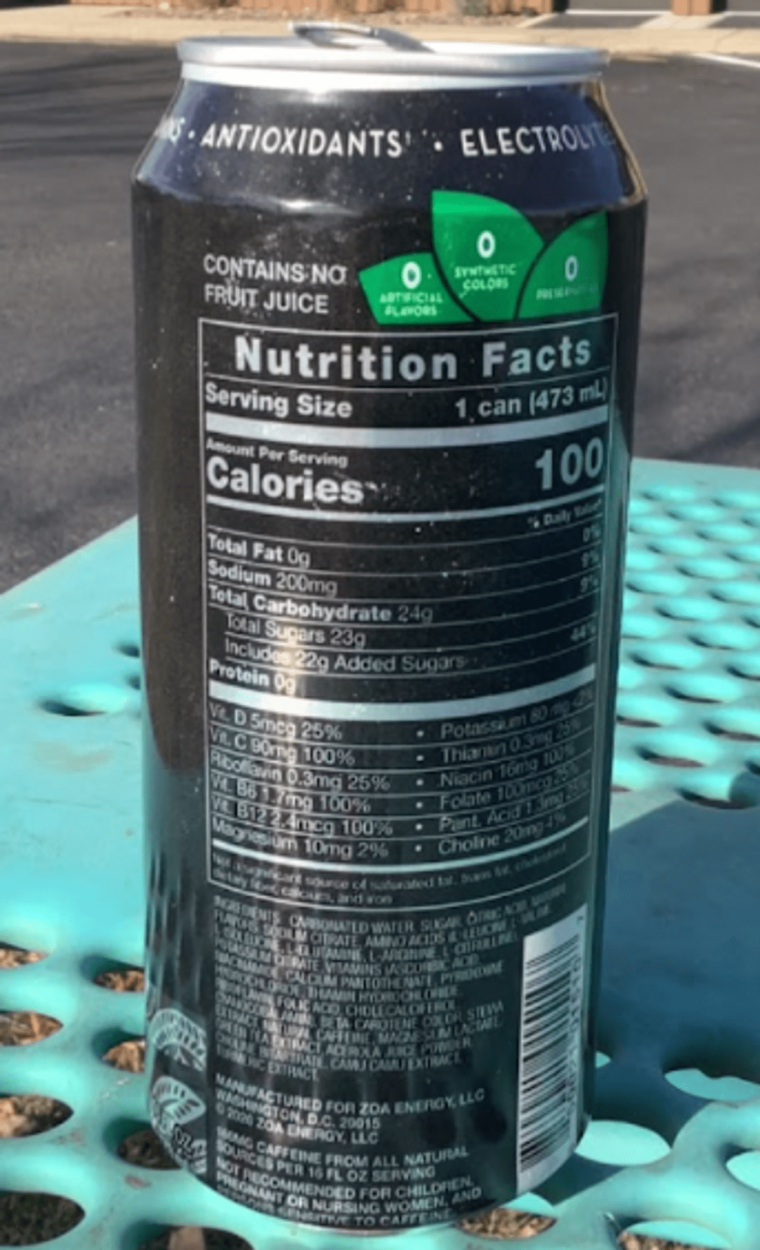 Nutrition Facts of ZOA Energy.