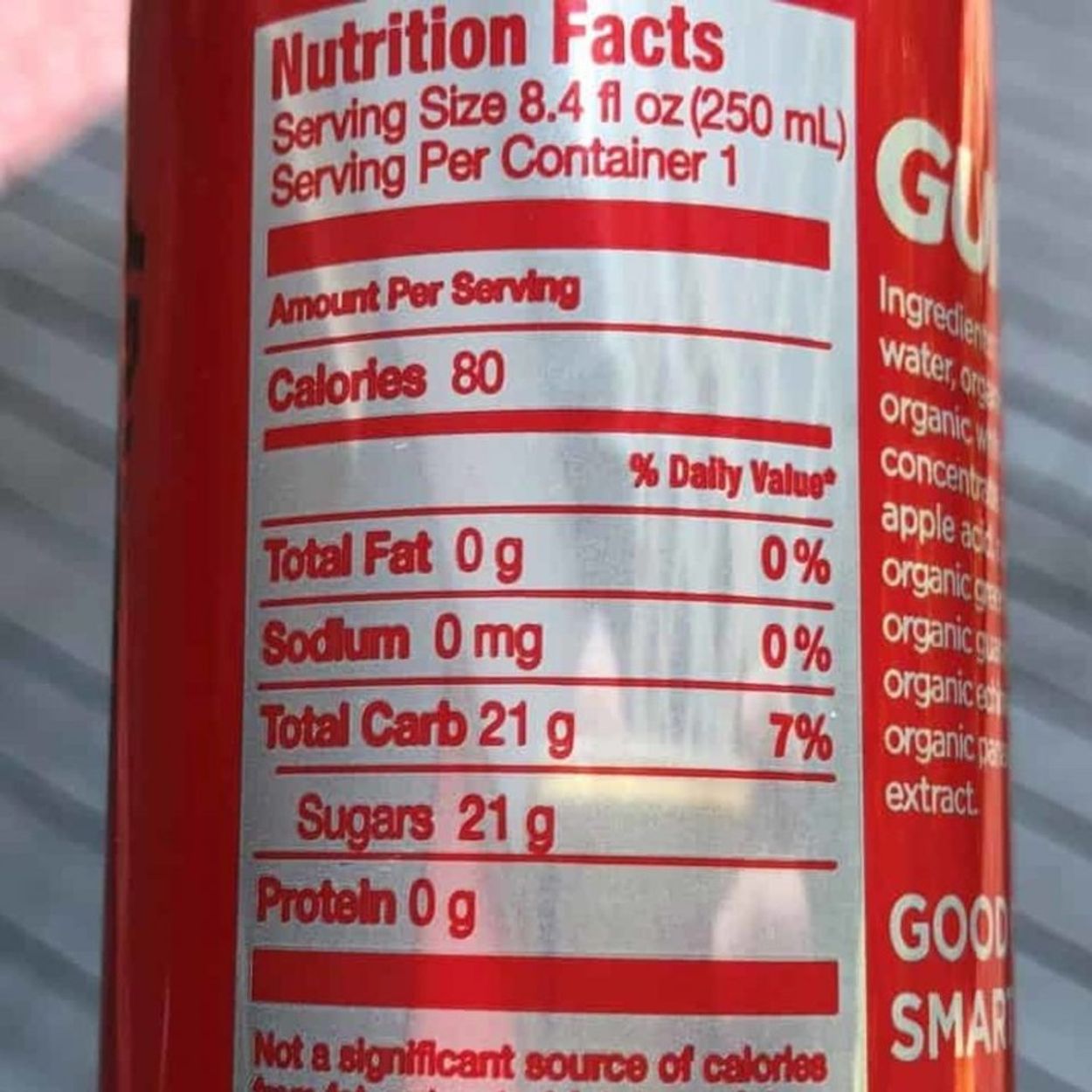 Nutrition facts of Guru Energy Drink.