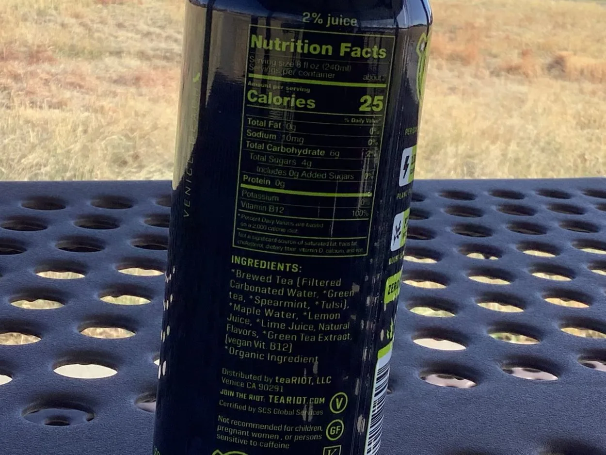 Nutrition facts of RIOT Energy. 