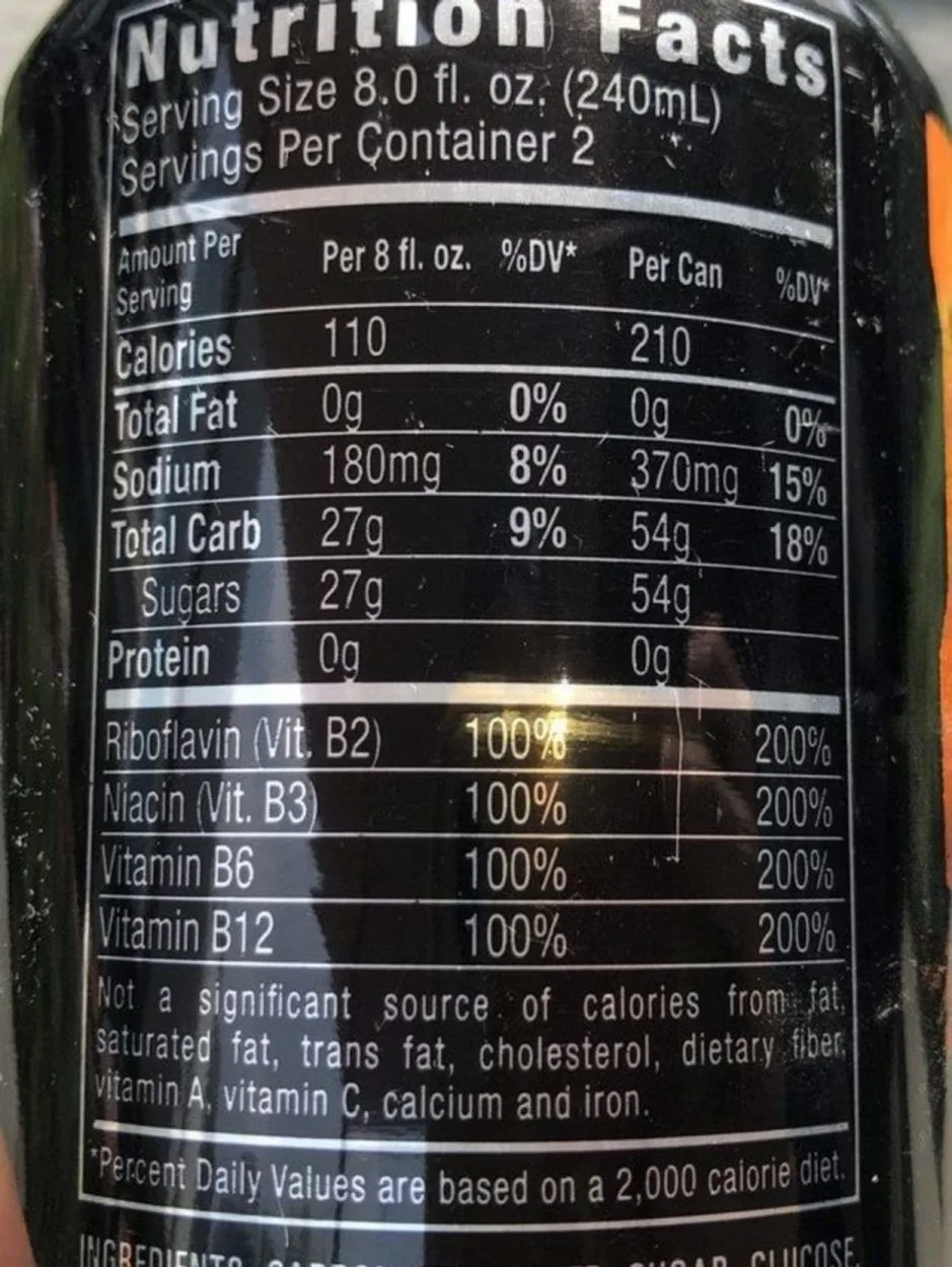 Nutrition facts of Monster Energy.
