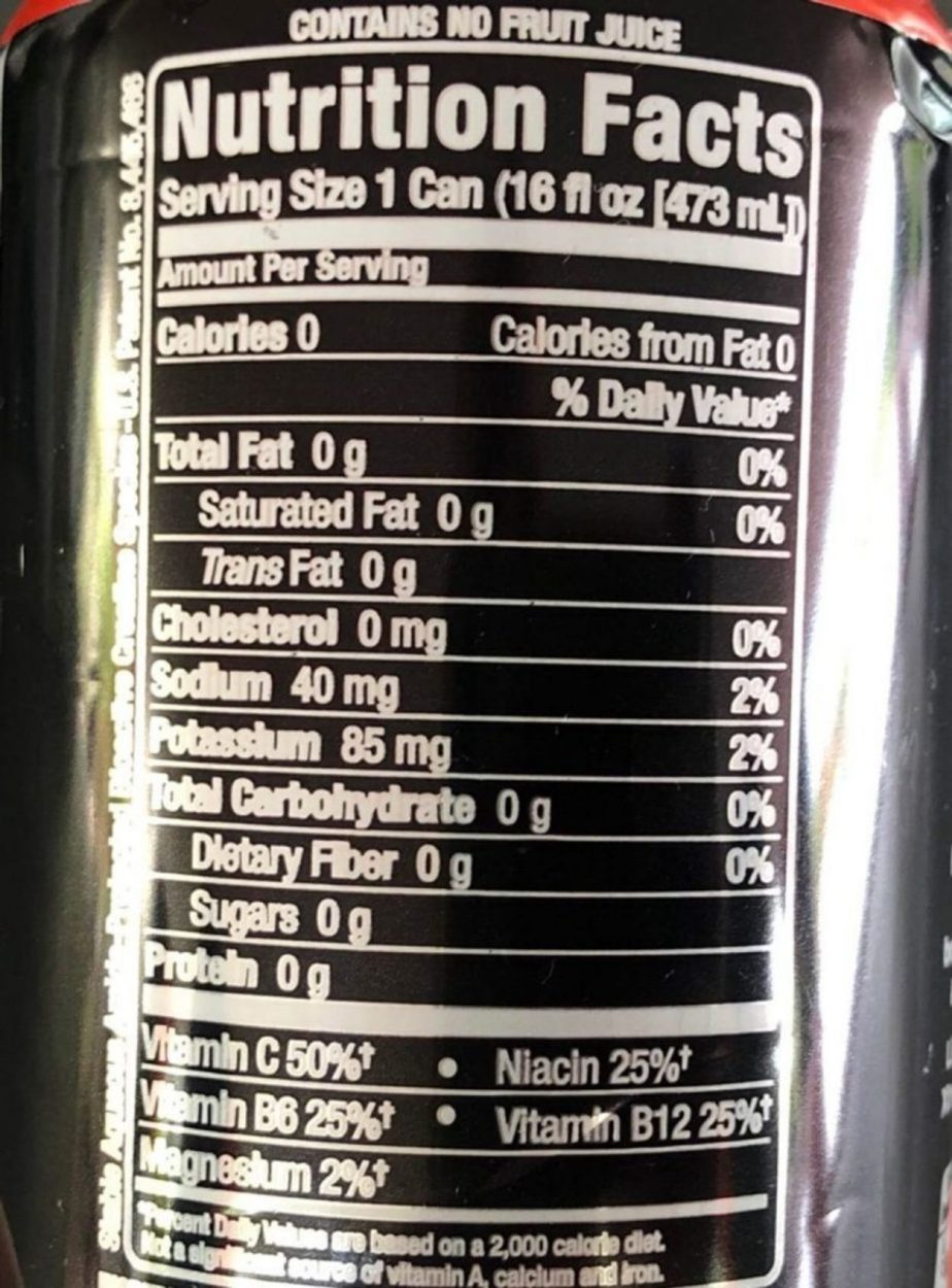 Nutrition facts of Bang Energy.