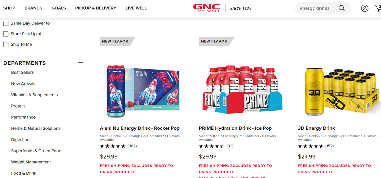 GNC includes a moderate variety of energy drinks.